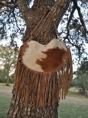 🤎 Handmade Cream & Brown Cowhide Fringe Purse | Gold Hardware | One-of-a-Kind W